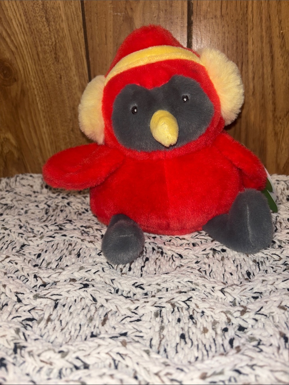 Plush Red and Gray Bird Toy with Yellow Accents for Pet Birds